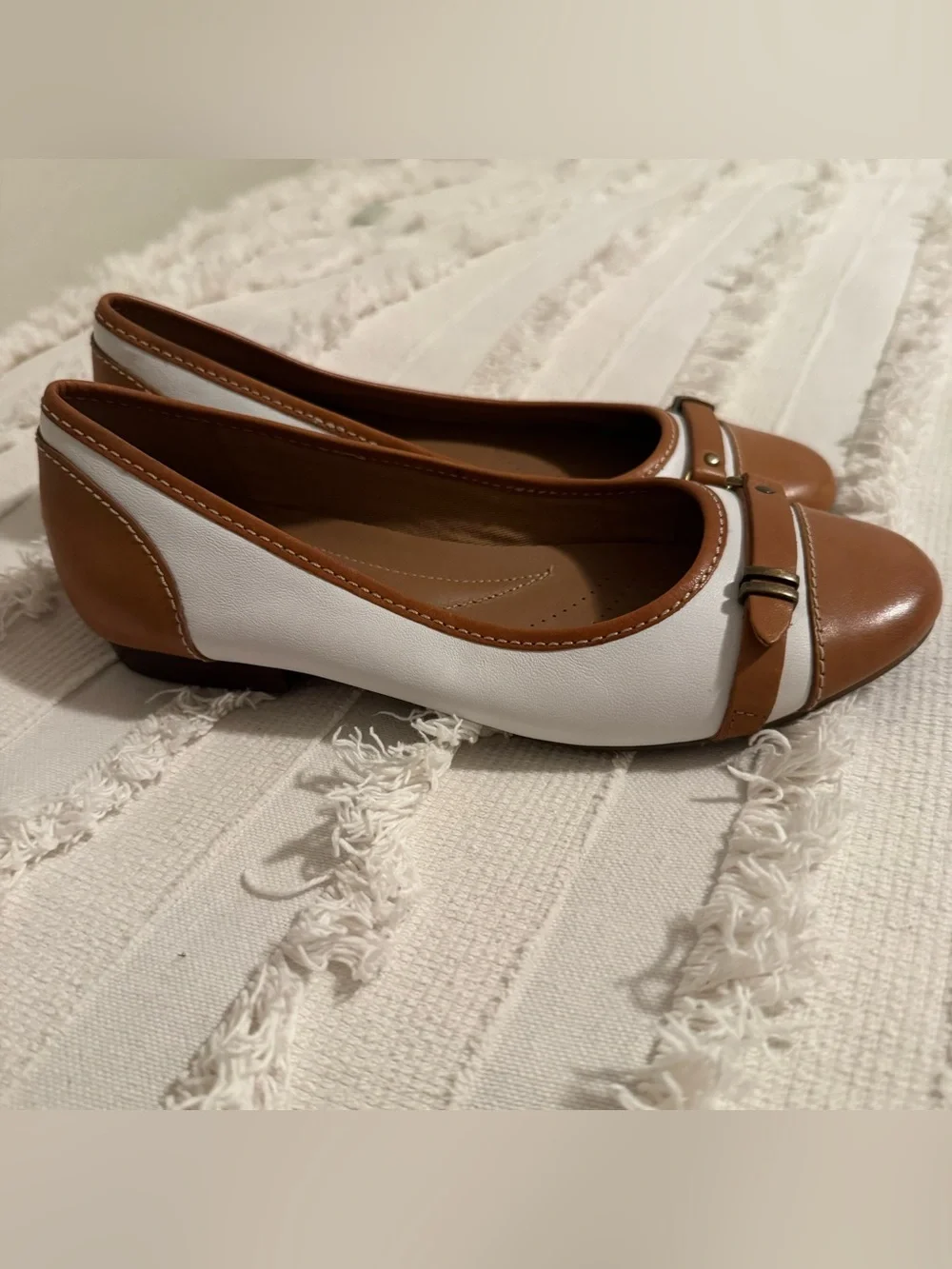 Clarks Two-Tone Brown and White Leather Ballet Flats